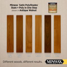 four different types of stain and polyshades in various colors, with the names minwax satin polyshades stain + poly in one step shown in antique walnut