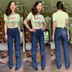 Are you a 70's denim lover? Wide leg? Dark wash? OH AND FROM DALLAS?! These might be the jeans for you.  Amazing 1970's ultra indigo wide leg high waisted jeans with DALLAS embroidered on the back pocket. By 'action west'.  Waist: 25" Hips: 34" Rise: 11" Inseam: 33" Model is 5'7" and 115 lbs with measurements of 30x23x33.  Buy with confidence as all photos are taken in natural lighting 115 Lbs, 70s Denim, Natural Lighting, Womens Jeans, Vintage 1970s, High Waist Jeans, Dallas, 1970s, Art Collection