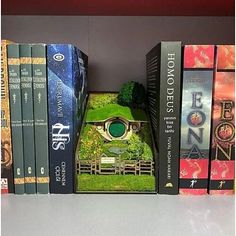 a book shelf filled with lots of books and a miniature house on top of it