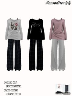 three women's pajamas and pants are shown in different colors, sizes and styles