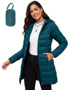 PRICES MAY VARY. PACKABLE: Easily pack the lightweight puffer jacket into the matching drawstring travel pouch. The packable design and stylish look make the jacket perfect for casual occasions and outdoor activities. DETAILS: This mid-length puffer jacket falls just above the knee, and features an attached hood with binding hem, elastic cuffs to keep the wind out. WATER-REPELLENT: These winter jackets for women are zip-up hoodie trendy overcoats made of high quality fabric, they are windproof a Winter Jackets For Women, Lightweight Puffer Jacket, Pockets Design, Puff Jacket, Packable Jacket, Jacket Parka, Puffy Jacket, Winter Jackets Women, Fall Jackets