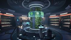 a futuristic looking room with plants growing in it