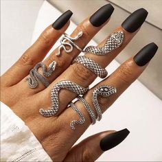 5 Piece Snake Ring Set New, Never Worn Serpent Ring, Snake Ring Silver, Goth Jewelry, Snake Jewelry, Gothic Rings, Snake Patterns, Snake Design, Animal Rings, Estilo Punk