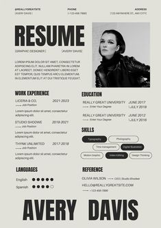 a black and white resume with an image of a woman's face on it