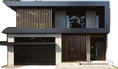 a black and white house with two garages