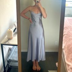 Zara Silver Satin Midi/Maxi With Strap Back Detail In Size Xs - Nwt. Perfect Wedding Guest Dress Silver Wedding Guest Dress, Zara Silk Dress, Silver Silk Dress, Silver Satin Dress, Grey Satin Dress, Zara Satin Dress, Gray Formal Dress, Perfect Wedding Guest Dress, Midi Slip Dress