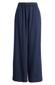 Cut from a breezy linen blend with a high waist and wide legs, these pull-on pants are a cool remake of a closet classic. 30" regular inseam; 25" leg opening; 11 12" front rise; 16" back rise (size Medium) 28" petite inseam; 24" leg opening; 11" front rise; 15" back rise (size Medium P) Elastic waist Front slant pockets; faux back welt pocket 55% linen, 45% rayon Machine wash, tumble dry Imported Women's Clothing Chic Cotton Wide Leg Pants With Pull-on Style, Chic Linen Wide Leg Pants With Pull-on Style, High Waist Linen Wide Leg Loungewear Pants, Chic Linen Pull-on Pants, Linen Wide Leg Bottoms With Pull-on Style, Wide Leg Linen Bottoms With Pull-on Style, High Waist Blue Linen Wide Leg Pants, Blue High Waist Linen Wide Leg Pants, Spring Linen Wide Leg Pants With Pull-on Style