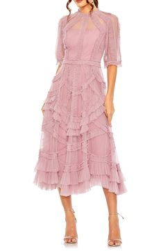 Mac Duggal Puff Sleeve Ruffle Tulle Midi Dress | Nordstrom Midi Wedding Guest Dress, Ruffle Tiered Dress, Tulle Midi Dress, Brocade Dresses, Plus Size Formal Dresses, Midi Cocktail Dress, Mac Duggal, Tea Length Dresses, Long Bridesmaid Dresses