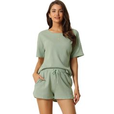 This style of sleeping shirt is easy to put on or take off, giving you a relaxed and simple dressing experience, keeping you nice and comfortable all day. Top: Waffle Tops with Round Neck and regular fit. Bottom: Shorts featured elastic waist with two side pockets. This pajama set is classy, even if a guest visits suddenly, you won't feel embarrassed, making your home life more convenient. The pajama sets can also be a perfect gift for your mom, wife, daughter, or girlfriend as loungewear, or sl Casual Solid Color Short Sleeve Sleepwear, Casual Solid Color Sleep Sets, Casual Solid Color Sleepwear Sets, Casual Solid Pajama Shorts For Loungewear, Casual Green Sleepwear For Lounging, Short Solid Color Cotton Tops, Casual Green Sets For Relaxation, Solid Color Relaxed Sleepwear, Relaxed Fit Solid Color Short Sets