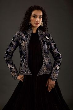 Rohit Bal-Indigo Embroidered Short Jacket-INDIASPOPUP.COM Rohit Bal, Embroidered Bird, Indigo Fabric, Velvet Shorts, Bird Embroidery, Open Sleeve, Velvet Color, Jacket For Women, Embroidered Shorts