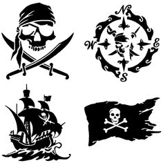 four pirate emblems with skull and crossbones