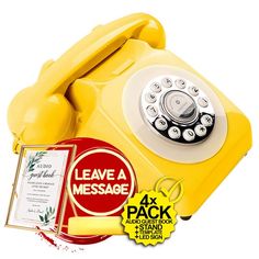 an old fashioned yellow telephone with the words leave a message next to it