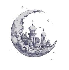 a drawing of a moon with buildings on it