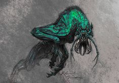 a drawing of a creature with green and black paint on it's face, standing in front of a gray background