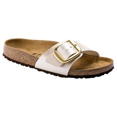 Birkenstock Madrid Big Buckle Slide Sandal  An oversized buckle adds elevated style to the Madrid, showcasing the comfortable single-strap design crafted from genuine leather.  Good to Know Gold Slide Footbed Sandals With Buckle, Gold Slide Footbed Sandals With Buckle Closure, Classic Footbed Sandals With Tang Buckle And Round Toe, White Leather Sandals With Rectangular Buckle, Classic Beach Slides With Buckle Closure, Classic Gold Sandals With Buckle Closure, Classic Sandals With Brass Buckle For Summer, Classic Slide Sandals With Buckle Closure, Classic Footbed Sandals With Buckle Closure