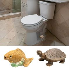 there are two different types of bathroom accessories in this photo, one is turtle and the other has a fish figurine