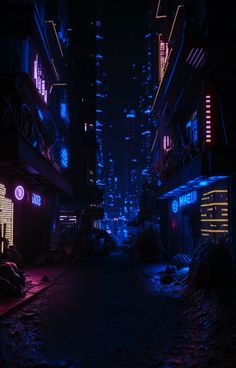 a dark city street at night with neon lights