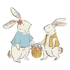 two rabbits are holding hands with an easter basket