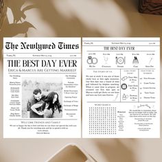 the newspaper is open on top of a desk next to a pen and paper with an image of two people