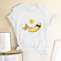 Sunbathing Banana Printed Funny T-shirts Women Summer Tshirt Woman Funny Cute Tops Graphic Teefor Ladies Ropa Mujer Verano Summer Short Sleeve Tops With Cartoon Print, Summer Cartoon Print Graphic Tee Shirt, Summer Graphic Tee Shirt With Cartoon Print, Spring Beach Tops With Cartoon Print, White Cartoon Print T-shirt For Vacation, Fun Cartoon Print Tops For Vacation, Cotton T-shirt With Cartoon Print For Vacation, Casual Cartoon Print Tops For Vacation, Summer Cartoon Print Short Sleeve T-shirt