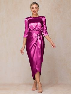 Details:      Fabric: Soft Satin  Neckline: Round Neck  Sleeve Length: Half Sleeves  Embellishment: Bow (Detachable)  Dress Length: Ankle Length   Available in full size range (US0-US30) and in   custom size Fitted Sheath Evening Dress For Bridesmaids, Purple Long Sleeve Mother Of The Bride Dress, Purple Long Sleeve Dress For Mother Of The Bride, Fitted Purple Bridesmaid Dress For Banquet, Elegant Ruched Mother Of The Bride Dress For Wedding, Pink Satin Bridesmaid Dress For Banquet, Fitted Satin Mother Of The Bride Dress For Banquet, Elegant Purple Bridesmaid Dress For Banquet, Fitted Purple Bridesmaid Dress For Wedding