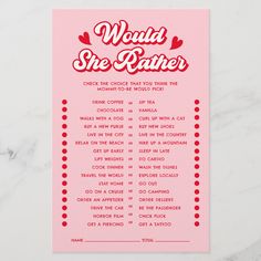 a pink poster with words that say would she rather