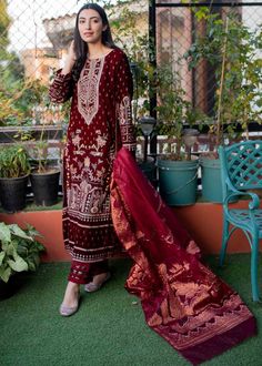 Buy Micro Velvet Formal Salwar Kameez for Girls in Wine Red Shade a Soulful Pakistani Dress. This Formal Salwar Kameez can be Customized. Fast Shipping. Red Semi-stitched Anarkali Lawn Suit, Elegant Red Anarkali Set With Naqshi Detailing, Elegant Red Anarkali Set With Naqshi, Traditional Red Jamawar Dress, Designer Red Lawn Suit With Dabka Work, Red Cambric Salwar Kameez With Resham Embroidery, Red Semi-stitched Salwar Kameez With Naqshi, Festive Red Unstitched Suit With Naqshi Detail, Unstitched Red Anarkali Lawn Suit