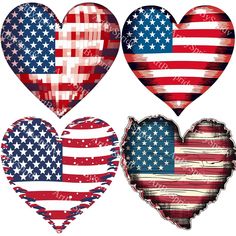 four heart shaped american flags are shown in three different colors and sizes, one is red, the other is blue