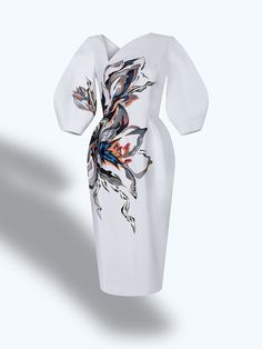 Asymmetric V-neck Voluminous Sleeves Midi Dress.Made with a mid-weight non-stretch fabric.Amaryllis Flowers Hand-Painted. Pattern.High Light:- White.- Hand-painted Pattern.- Asymmetric V-neck.- Voluminous Sleeves.- Rear zip fastening.Cut for a slim fit, voluminous sleeve, asymmetric V-neck.Fully lined. Length 110 cm.Dry clean or Hand Wash.The model is 175 cm tall and wears a US size 4.Composition:Outer - 65% Rayon, 35% Polyester.Lining - 67% Acetate, 33% Polyester.Made in Saigon, Vietnam. Delive Artistic Floral Print Spring Dresses, Artistic Spring Floral Print Dresses, Artistic Fitted Party Dresses, Formal White Floral Print Dress, Blue Dress Light, Tiffany Blue Dress, Sumer Style, Turquoise Blue Dress, Amaryllis Flowers