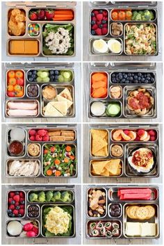 several trays filled with different types of food including fruit, vegetables and crackers