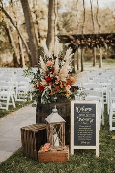 Photo of wedding floral arrangement in fall colors, including pompas grass, red flowers and rust color flowers. Fall Wedding Color Schemes, Fall Wedding Ceremony, Western Themed Wedding, Wedding Entrance, Wedding 2025, Fall Wedding Decorations, Aisle Decor