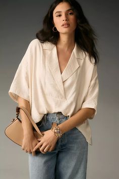 The Dylon Short-Sleeve Wide-Placket Top | Anthropologie Chic Relaxed Fit V-neck Top For Day Out, Modern V-neck Top For Spring, Versatile V-neck Top For Spring Day Out, Chic Relaxed Fit V-neck Top For Spring, Chic Relaxed Fit V-neck Top For Summer, Chic V-neck Top In Relaxed Fit For Spring, Spring Relaxed Fit V-neck Top For Day Out, Chic Spring Blouse With Notched Neckline, Effortless V-neck Blouse For Day Out