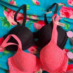 Ambrielle Lace Bra Bundle Size 34b Neon Pink Lace Bra Black Lace Bra New With Tags Never Worn Great Value Pink Push-up Bra With Lace Closure, Pink Lace Push-up Bra, Pink Stretch Lace Bra, Pink Lace Bra, Black Lace Bra, Sleep Wear, Body Skin Care Routine, Underwire Bra, Body Skin