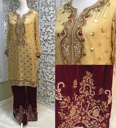 "Pure chiffon straight shirt with golden mukesh work. Neckline, sleeves and shirt border has hand embroidery using dabka, crystals, beads and thread. It comes with rich maroon velvet bell bottom with embroidery on front and backside. This dress is perfect for wedding, reception, formal parties. Size: This particular dress is a medium, but i can also make it in any other size/color combination (it would take upto 3-4 weeks) Medium size is ready to ship, below are the measurements US size 8-10 (2- Traditional Gold Palazzo Set With Zari Work, Gold Palazzo Set With Traditional Drape For Eid, Gold Semi-stitched Palazzo Set For Festive Occasions, Gold Palazzo Set For Eid With Traditional Drape, Festive Sharara With Gold Embroidery In Chinon, Unstitched Festive Sharara With Gold Embroidery, Gold Embroidered Sharara In Chinon, Unstitched Gold Embroidery Sharara For Festive Occasions, Unstitched Gold Sharara With Resham Embroidery