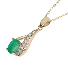 10k-yellow-gold-genuine-oval-emerald-and-diamond-drop-pendant-necklace Luxury Yellow Gold Teardrop Emerald Necklace, Diamond Drop Pendant, Drop Pendant Necklace, May Birthstone, Pendant With Chain, Diamond Drops, Green Gemstones, Diamond Pendant Necklace, Drop Pendant