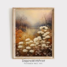 an oil painting on canvas of white flowers and trees in the background with text overlay