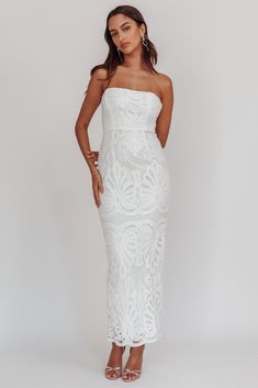 Bia Strapless Lace Embroidered Maxi Dress White by Selfie Leslie Bridal Shower Dresses For The Bride, Simple Elopement Dress, Maxi Dress Bodycon, Bridal Events, Tie Up Heels, Yellow Bridesmaid Dresses, Maxi Dress White, Homecoming Outfits, Purple Bridesmaids