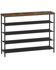 an industrial style shelf unit with three shelves and one shelf on each side, in black metal