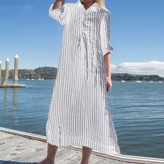 US$ 29.99 - Women's Striped Shirt Dress Polo Collar A Line Loose Cotton Linen Shirt Dress - m.zicopop.com Striped Long Sleeve Maxi Dress For Summer, Long Sleeve Striped Maxi Dress For Summer, Long Sleeve Shift Shirt Dress For Vacation, Shift Fit Long Sleeve Shirt Dress For Vacation, Casual Striped V-neck Shirt Dress, Casual Striped Shirt Dress With V-neck, Casual Striped Long Sleeve Shirt Dress, Casual Collared Maxi Dress For Vacation, Striped V-neck Shirt Dress For Beach