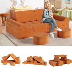 a woman sitting on top of a couch next to stools and tables in a living room