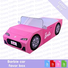 a pink car shaped cardboard box with the word barbie on it's front window