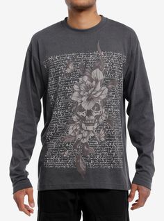 This spring  add some grunge to your look with this long-sleeve tee decorated with a large graphic of illegible cursive writing and a skull surrounded by flowers overlaid.60% cotton; 40% polyesterWash cold; dry lowImportedListed in men'sunisex sizesModel is 6'1"Model wears size Medium Alternative Long Sleeve Spring T-shirt, Alternative Style Long Sleeve Spring T-shirt, Long Sleeve Alternative Style T-shirt For Spring, Long Sleeve Grunge T-shirt With Skull Print, Skull Print Relaxed Fit Long Sleeve T-shirt, Surrounded By Flowers, Floral Skull, Cursive Writing, A Skull