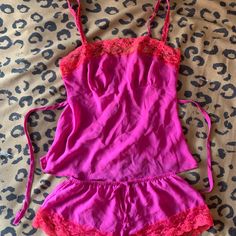 Slinky, Slightly Sheer Lingerie/Pajama Set. Pink Cami And Shorts With Red Lace Trim. Like New. Never Worn. Stretch Sleepwear With Spaghetti Straps For Bedtime, Coquette Spaghetti Strap Sleepwear, Red Lounging Sets For Summer, Stretch Sleepwear With Spaghetti Straps For Loungewear, Flirty Sleepwear With Spaghetti Straps, Pink Lace Trim Sets For Loungewear, Pink Camisole For Summer Nights, Pink Fitted Loungewear Set, Pink Summer Night Camisole