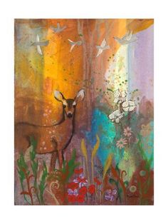 a painting of a deer surrounded by flowers and birds