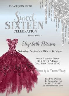 Silver Glitter Drips,Burgundy Dress Sweet 16 Invitation Dress Sweet 16, 16 Invitations, Sweet 16 Invitations, Sweet 16 Dresses, Burgundy Dress, Sweet Sixteen, Silver Glitter, Sweet 16, Invitation Zazzle