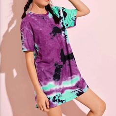 Girls Dress Summer School Mini Dress, Casual Summer School Dresses, Trendy Purple Short Sleeve Dress, Multicolor Dresses For Sleepover, Multicolor Summer Dress For School, Casual Dress For Sleepover, Casual Green School Dresses, Green Casual School Dress, New Girl Style