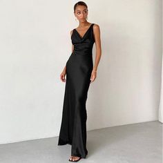 F00155754-103 Dresses For Formal Events, Black Collared Dress, Satin Formal Dress, Ice Dresses, Autumn Dress, Suspender Dress, Women Long Dresses, Evening Dresses Long, Dress Long