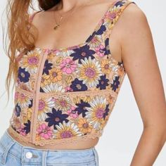 Knit Tank Top Featuring An Allover Floral Print, Scoop-Cut Neck And Back, Shoulder Straps, Front Hook-And-Eye Closures, Floral Lace Trim, And A Cropped Hem. New Forever 21 Trendy Cotton Floral Print Crop Top, Forever 21 Fitted Summer Tops, Forever 21 Fitted Summer Crop Top, Forever 21 Floral Print Summer Crop Top, Forever 21 Summer Floral Print Crop Top, Forever 21 Floral Print Crop Top For Day Out, Forever 21 Spring Crop Tank Top, Forever 21 Spring Crop Top Tank, Forever 21 Cropped Tank Top