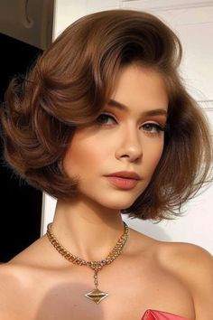 Opt for the retro-inspired voluminous bob to channel a classic yet fresh vibe. This style features volume and a rounded shape, reminiscent of vintage glamour. Click here to check out more cute short fluffy hairstyles that everyone’s talking about. Short Big Wavy Hair, Glamourous Hairstyles For Short Hair, Hairstyles For Short Hair In Wedding, Short Hair Retro Waves, Voluminous Bob Hairstyles, Retro Waves Short Hair, Short Hair Glam Waves, Short Voluminous Bob, 1960s Bob Haircut