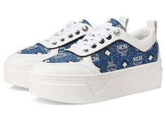 MCM Skyward Vintage Monogram Low Top Sneakers - Women's Shoes : Denim : Look your best wearing the stylish and sporty MCM Skyward Vintage Monogram Low Top Sneakers. Leather and textile upper. Leather and textile lining and insole. Round toe. Lace closure. Elaborate design on vamp, tongue, and side panel. Ankle pull tab. Ankle pull tab. Brand logo on tongue and insole. Brand logo on tongue and insole. Synthetic outsole. Synthetic outsole. Imported. Imported. Measurements: Weight: 15 oz Product me Retro Low-top Sneakers With Logo, Vintage Low-top Sneakers With Embroidered Logo, Low-top Cotton Sneakers With Logo Patch, Luxury Low-top Sneakers With Logo Patch, Synthetic Low-top Sneakers With Logo Detail, Top Sneakers Women, Vintage Monogram, Low Top Sneakers, Look Your Best